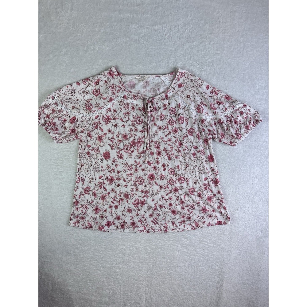 Como Blu Women's pink and white floral peasant-style blouse  Sz L Casual Shirt